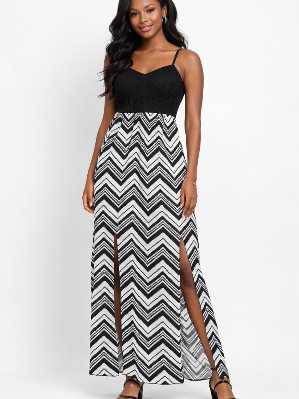 No Boundaries Womens Black & White Chevron Print Spaghetti Strap Maxi Dress